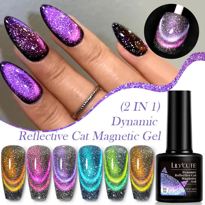 Diamond In The Debris Cat Eye Series nail polish gel bottles showing magnetic cat eye effect with glitter and fragments