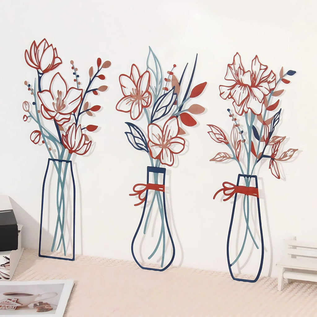 3-piece metal flowers wall art set in alloy with colour vase styles for country farmhouse decoration