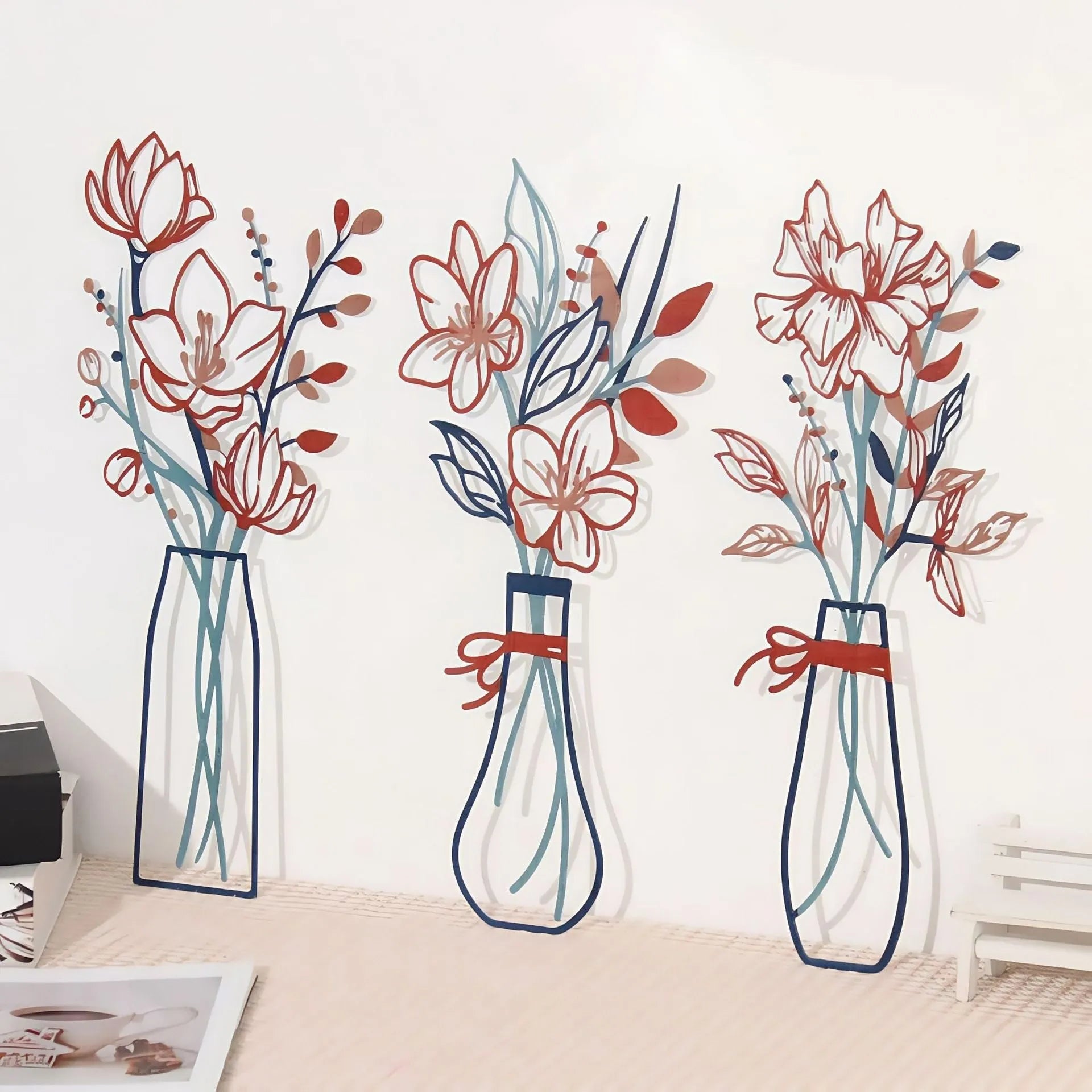 3-piece metal flowers wall art set in alloy with colour vase styles for country farmhouse decoration