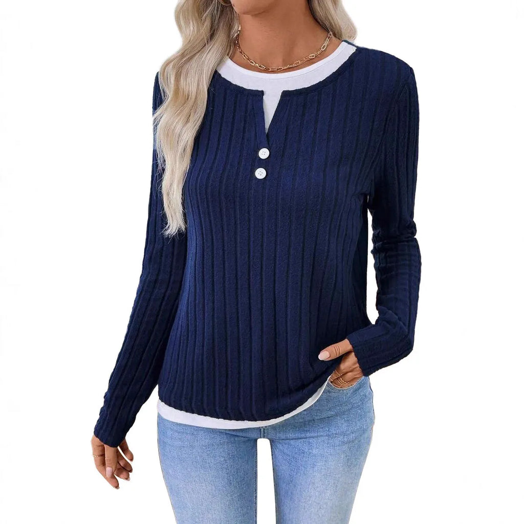 Women's black fake two-piece round neck pullover sweater with concave stripe texture