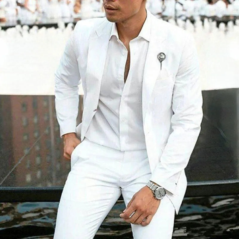 Men's white two-piece slim fit suit for weddings and business, sizes XS to 5XL