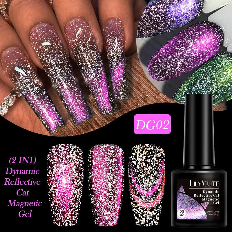 Diamond In The Debris Cat Eye Series nail polish gel bottles showing magnetic cat eye effect with glitter and fragments