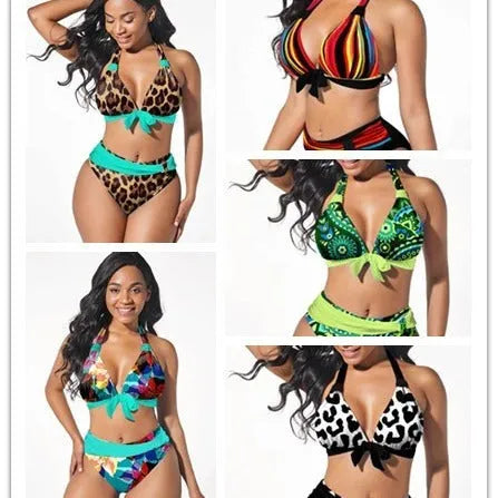 Women's colourful printed plus size bikini swimsuit set on a mannequin, showing the front design.