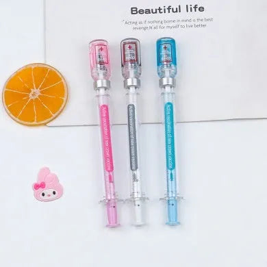 Vaccine design gel pen with plastic shell, cap, and 0.5mm black ink refill