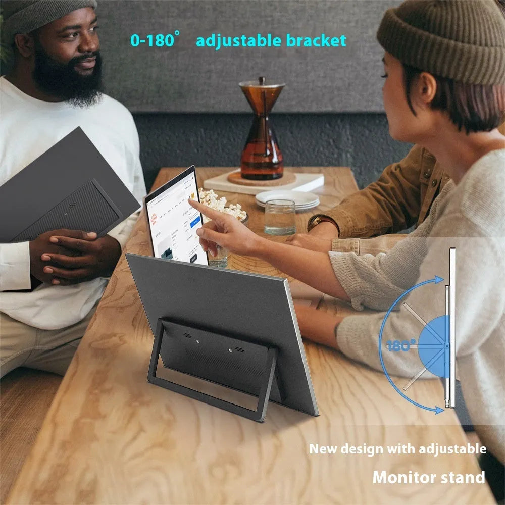 Black 15.6-inch portable computer monitor with adjustable stand showing spreadsheet display