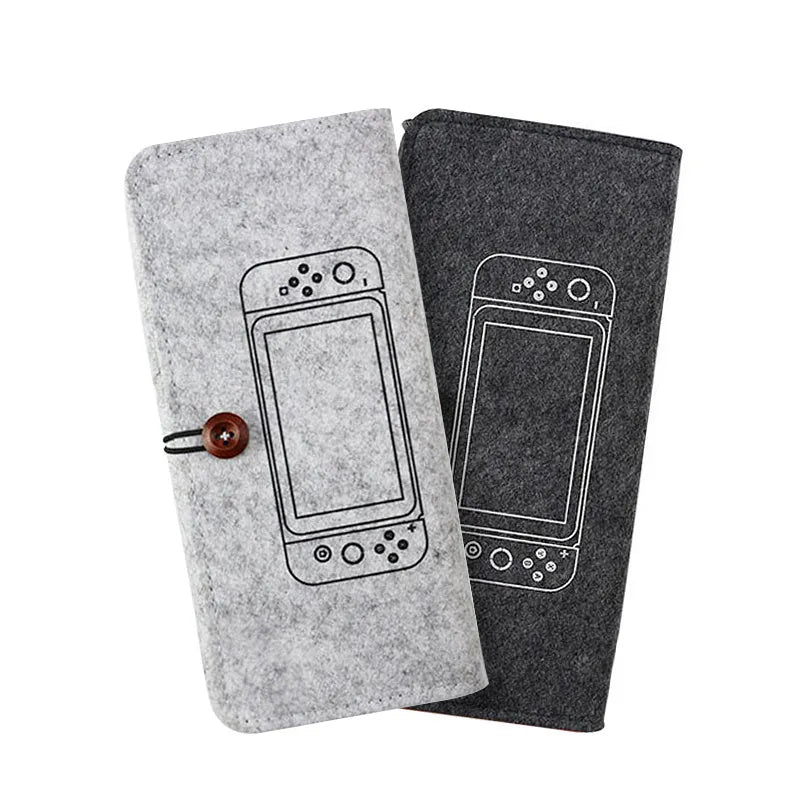Black felt carrying pouch case for Nintendo Switch console with game card slots open.
