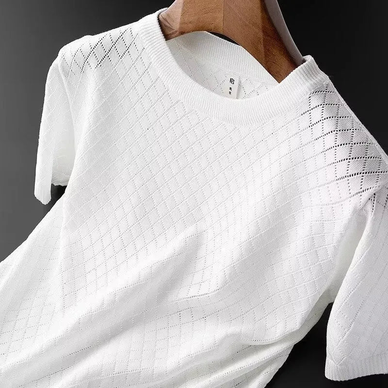 Men's ice silk t-shirt with Korean style cut-out design in black and white colours, available in sizes M to XXXL