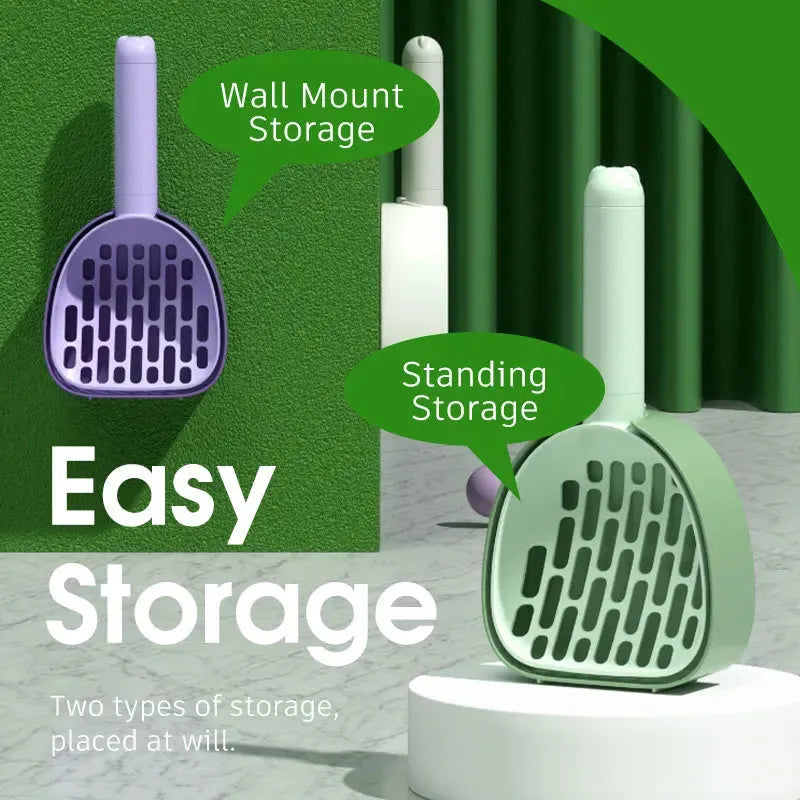 White ABS plastic cat litter scoop standing on a matching storage base with integrated waste bag roll.