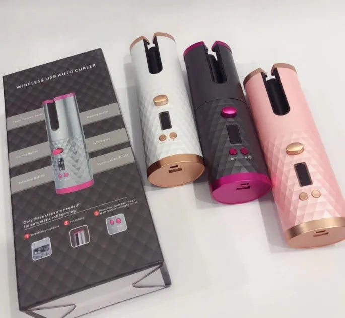 Portable automatic wireless USB charging mini curling iron in white, pink, or grey with gold ceramic barrel
