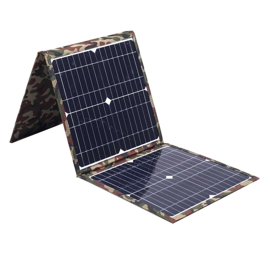 Black foldable solar panel showing three monocrystalline silicon cells, folded to 87cm length with carrying bag and accessories