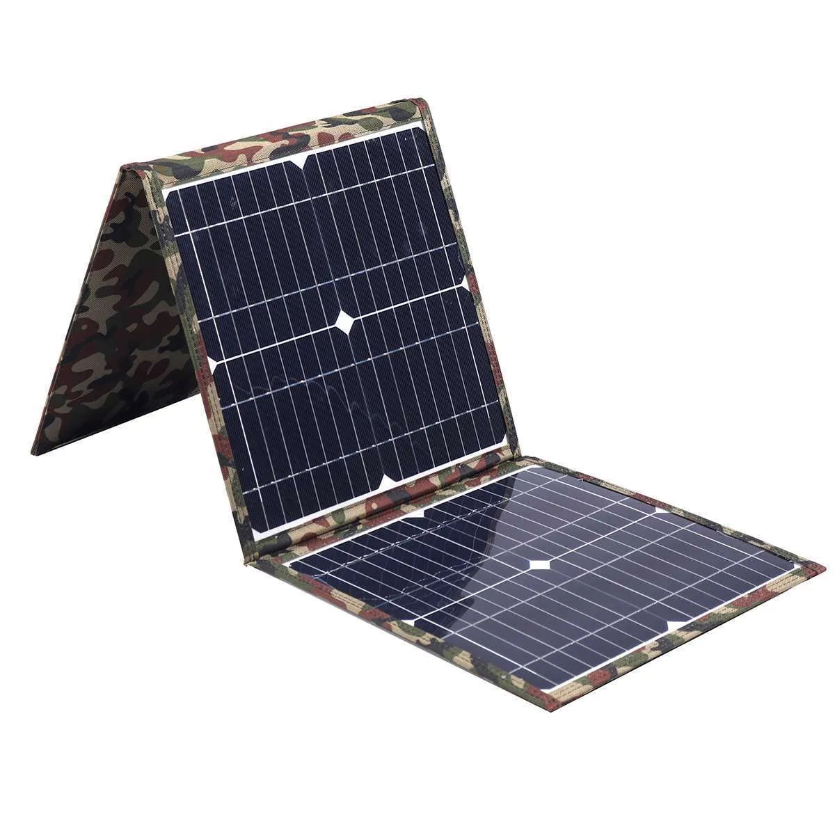 Black foldable solar panel showing three monocrystalline silicon cells, folded to 87cm length with carrying bag and accessories