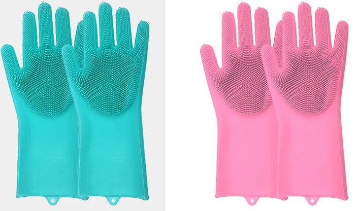 Silicone heat-resistant cleaning gloves in blue, showing non-slip surface and size of 357mm by 165mm