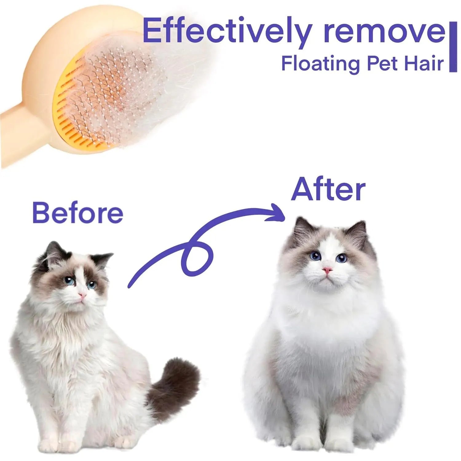 Blue and yellow cat grooming brush with self-cleaning button, measuring 170x80x45mm