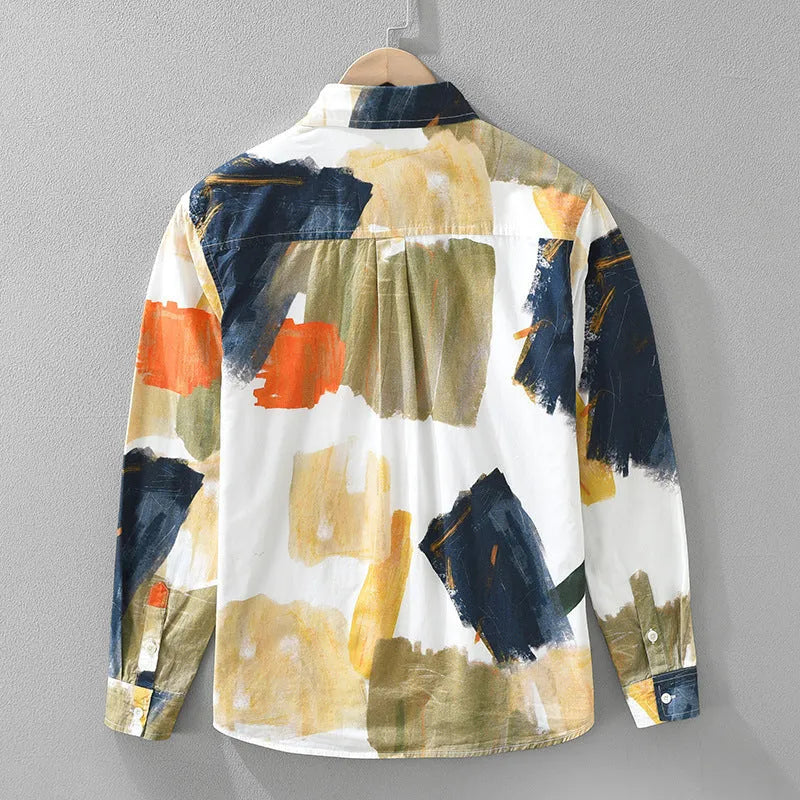 Women's cotton loose top cardigan with printed artistic design and long sleeves