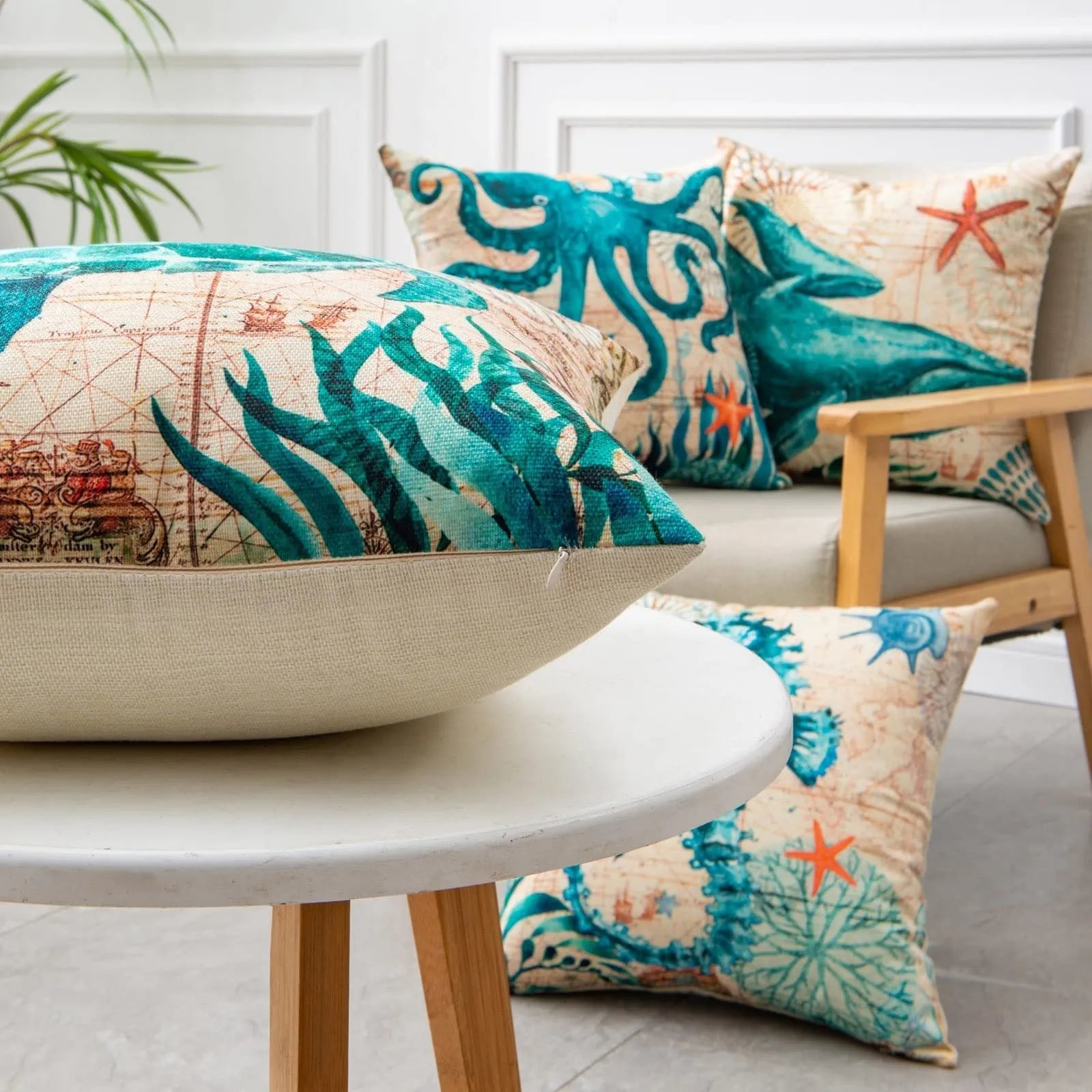 Linen cushion cover with printed sea turtle design, showing invisible zipper and 45x45cm size.