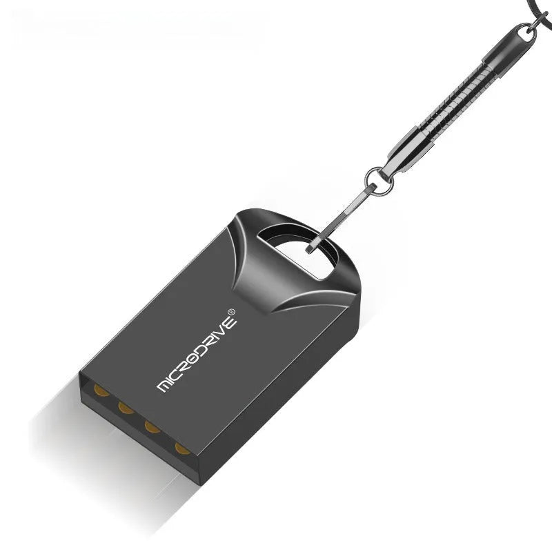 Black and silver mini metal USB drive with compact 23x12x8mm dimensions and high-speed storage up to 128GB