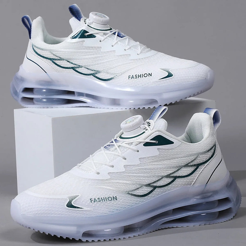 White low-top mesh trainers with rotating button lace-up and rubber soles for sports and casual use