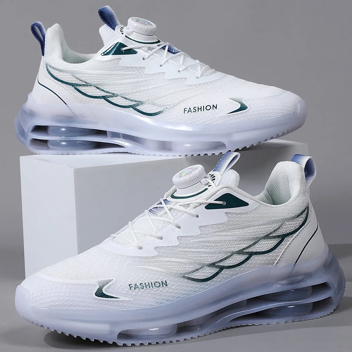 White low-top mesh trainers with rotating button lace-up and rubber soles for sports and casual use