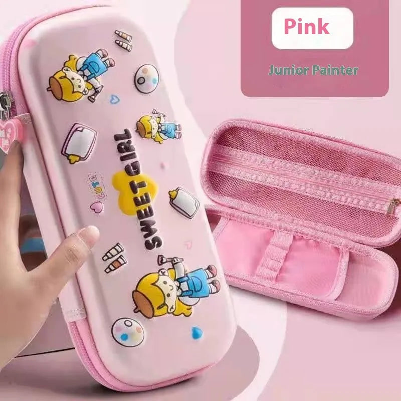 3D leather pencil case with zipper closure showing decorative space theme design
