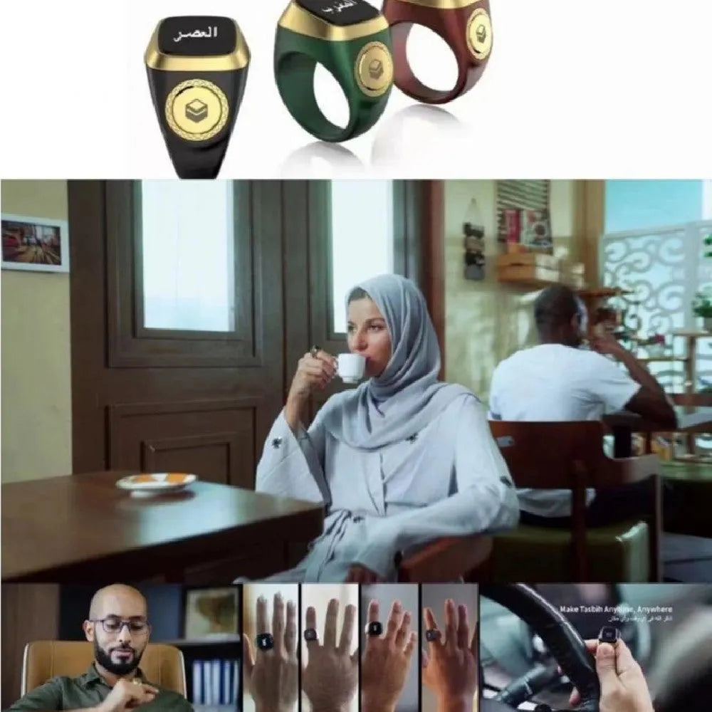 Zikr1 smart ring in silver with 0.49-inch OLED display showing time and Tasbih count on a finger