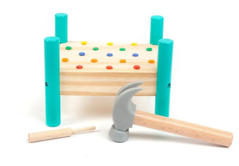 Wooden hammering nail toy with 17 coloured nails, hammer, reverse knock and nail plate, 19 x 13.5 x 16 cm