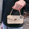 Luxury women's silicone iPhone case with pearl chain lanyard in beige, black, green, khaki, pink, or white colour