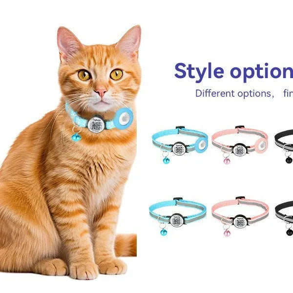 QR code pet collar with silicone AirTag case, reflective stripe or three-line rope, black pink sky blue, 30.48cm