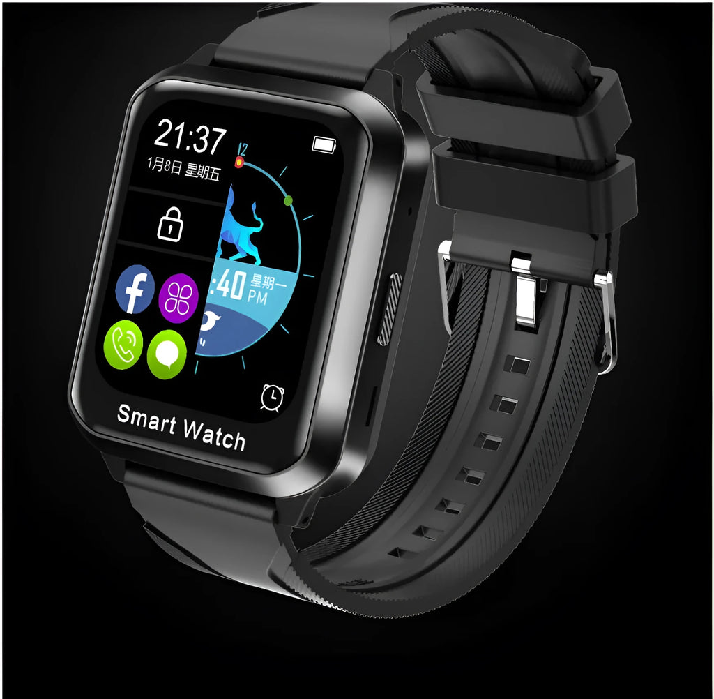 Black smart bracelet with touch screen displaying time and Bluetooth call icon on a wrist.