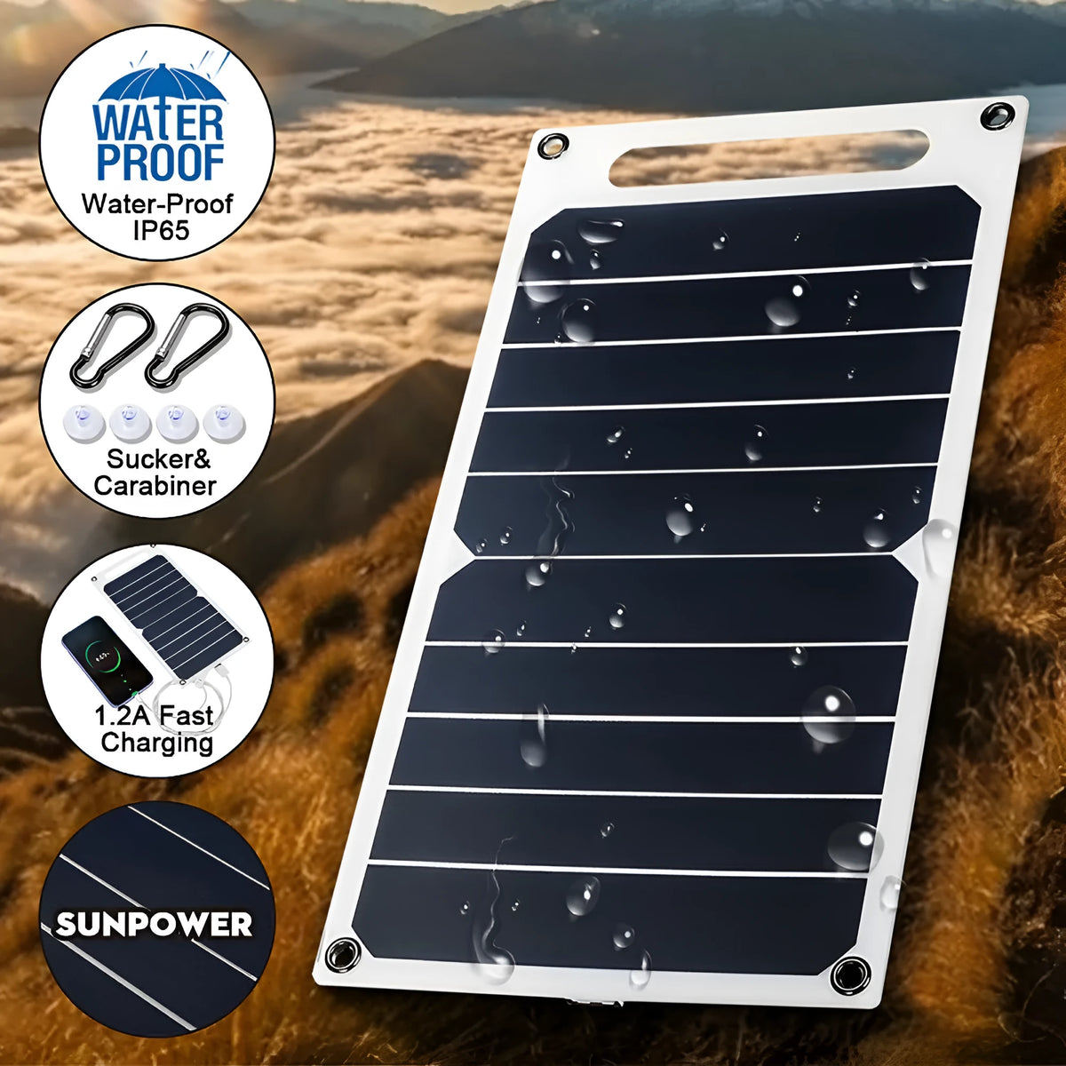 Semi-flexible 5V 6W single crystal solar panel with PET packaging and integrated voltage regulator, 128g