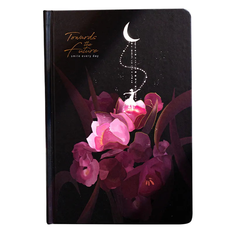 A5 notebook with luminous cover in Deep Blue, open to show colour illustration pages, size 21 x 14.8 cm