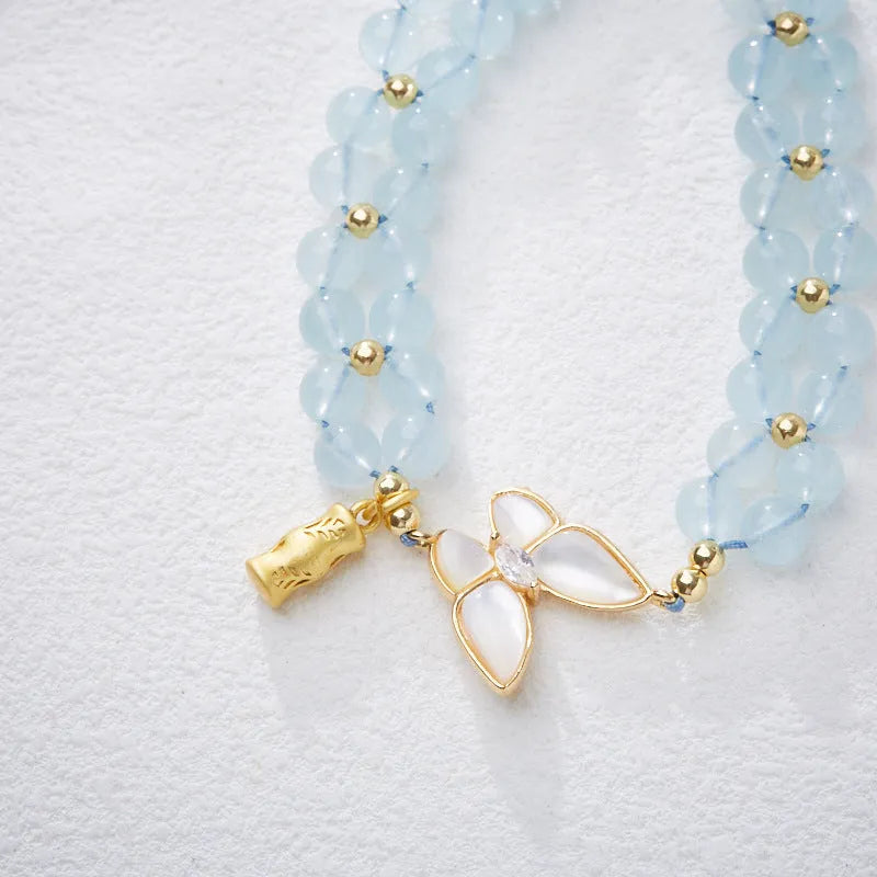 Women's aquamarine butterfly woven bracelet 6mm width manual craft adjustable design