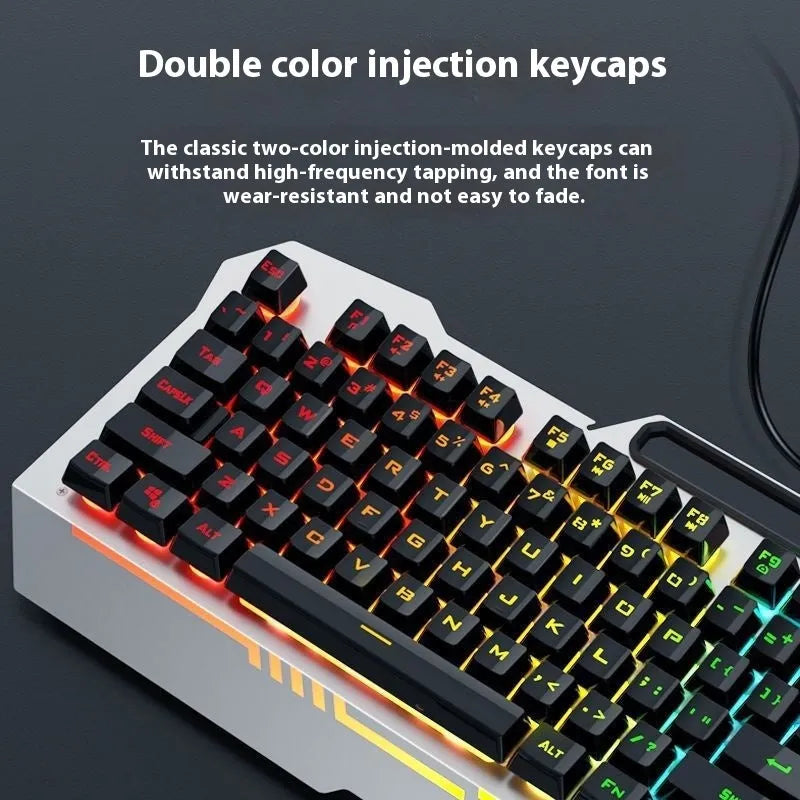 Black mechanical keyboard with colourful backlighting, mouse, and headset on metal frame
