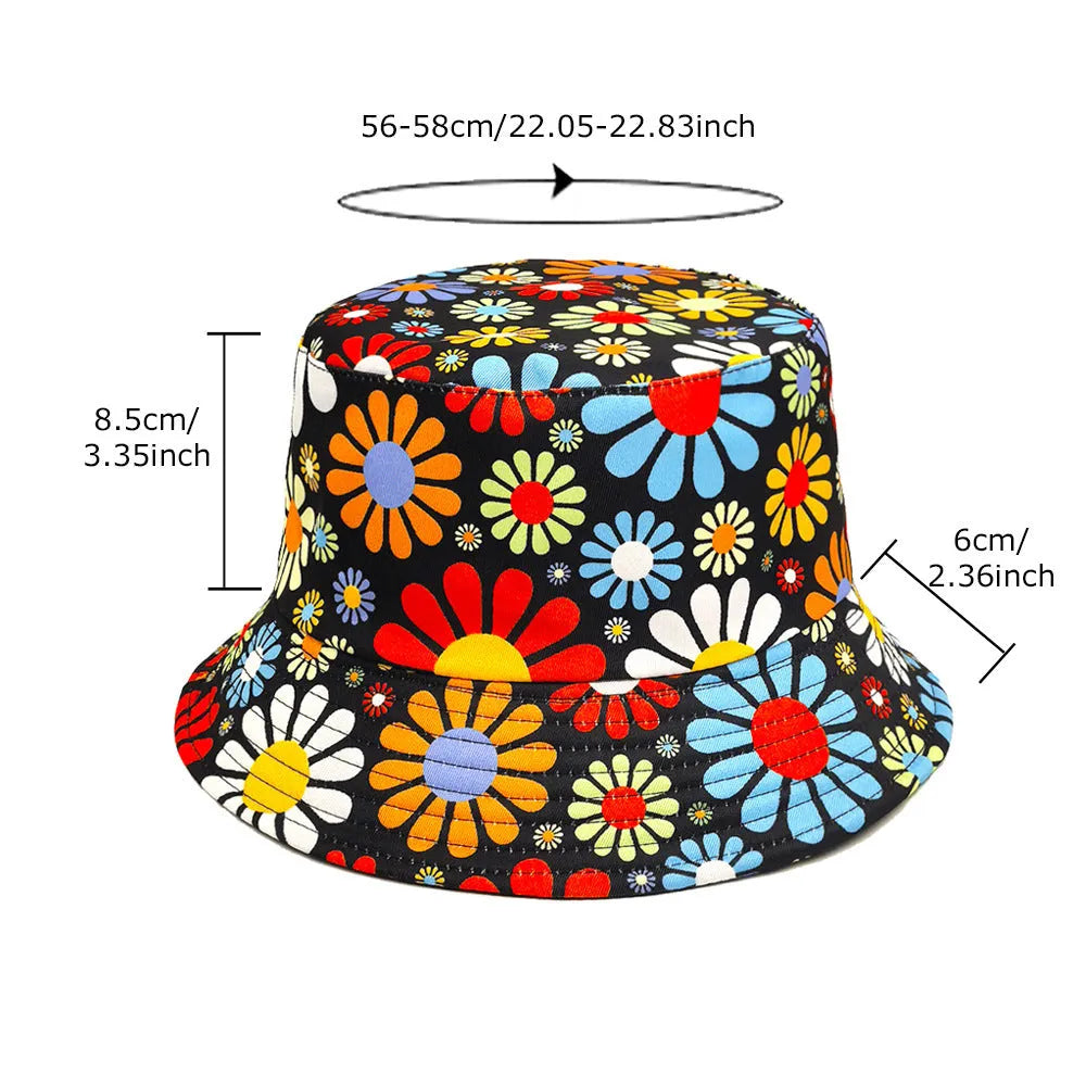 Floral print polyester bucket hat with dome crown on white background