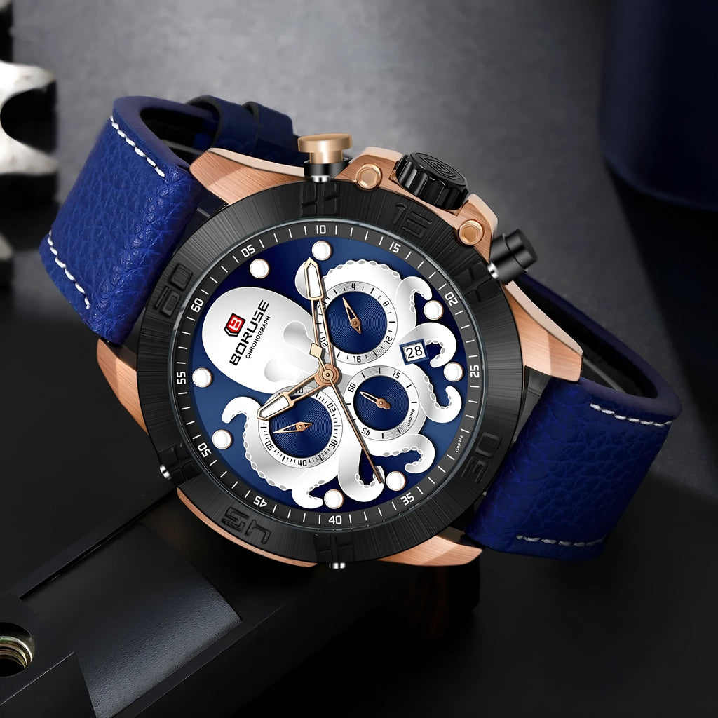 Men's waterproof quartz watch with octopus design and luminous feature in black or blue colour options