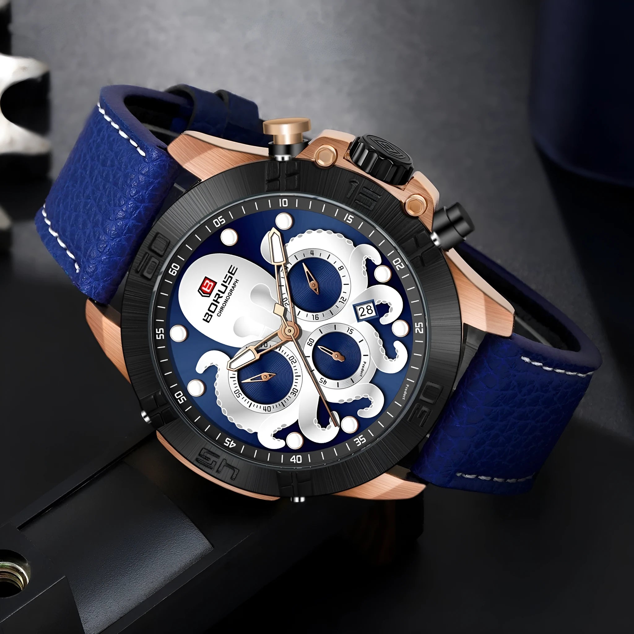 Men's waterproof quartz watch with octopus design and luminous feature in black or blue colour options
