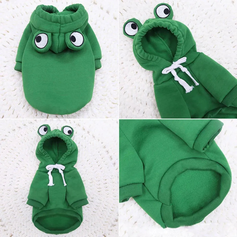 Green frog pattern hoodie on small dog showing four-legged design with hood