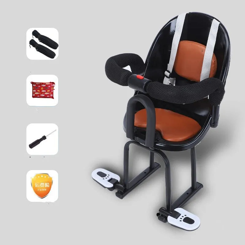 High carbon steel child seat measuring 20x20x53cm attached to scooter handlebars
