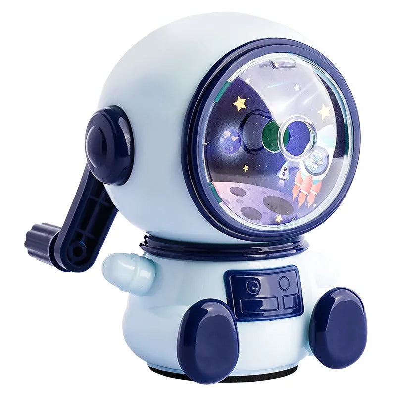 Astronaut-themed manual pencil sharpener in blue or pink with adjustable sharpening settings