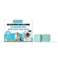 Pack of 12 white washing machine cleaning tablets with ingredients listed on packaging.