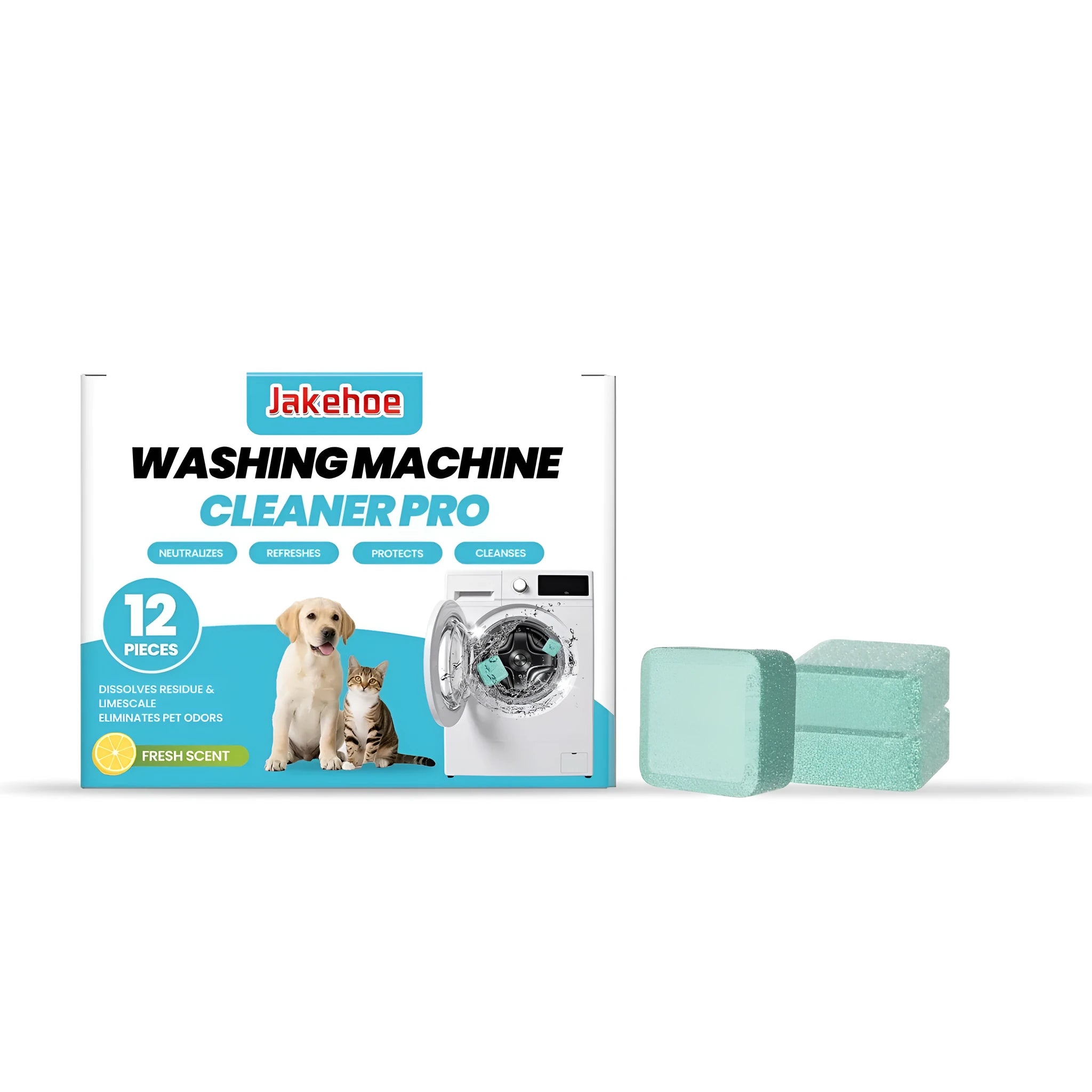 Pack of 12 white washing machine cleaning tablets with ingredients listed on packaging.