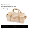 Green Oxford cloth camping kitchenware storage bag showing 16L and 35L size options for gas tanks and cookware.