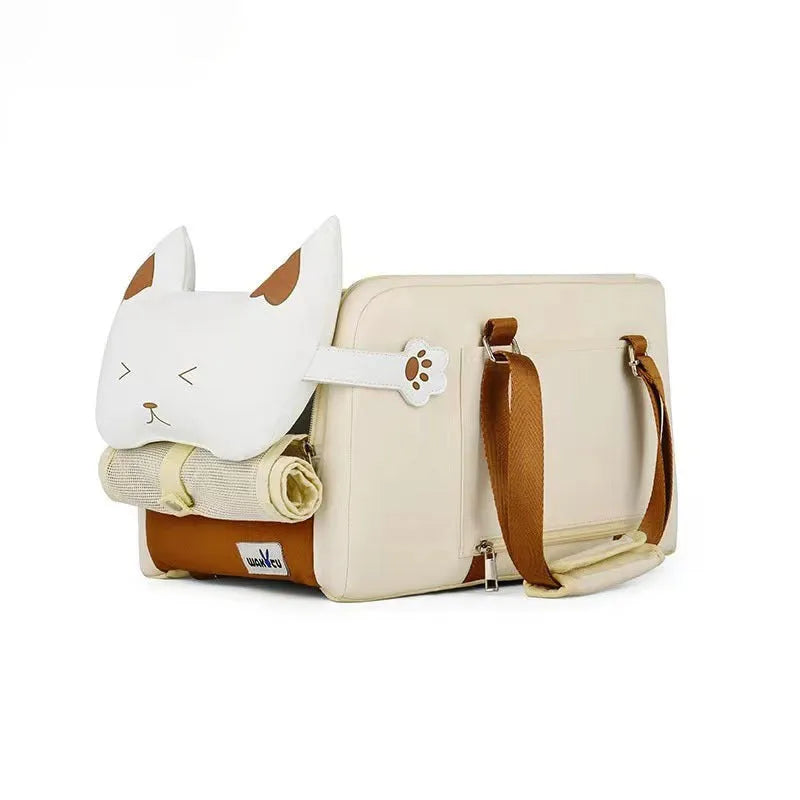 Beige hard-sided cat carrier with one-shoulder strap, EPE padding interior, dimensions 43x25x22.5cm