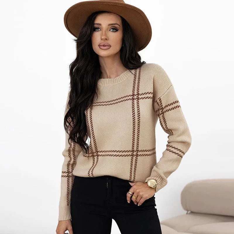 Women's casual plaid colour-block crew neck sweater with apricot, black, beige, red, and green stripes, 50cm length, medium thickness