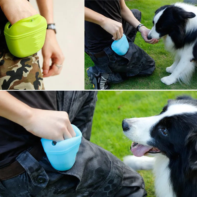Silicone dog treat bag with magnetic closure measuring 12.5cm long, shown attached to belt with treats visible inside