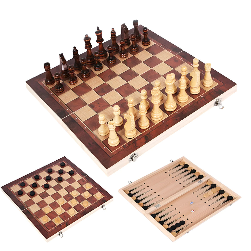 3 in 1 wooden chess checkers and backgammon travel board game set with five board sizes