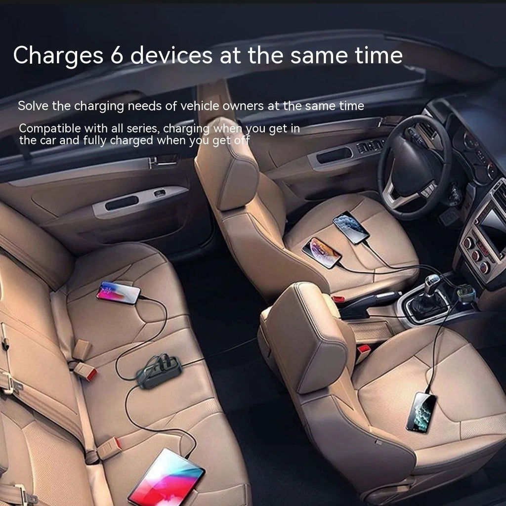 Automatic retractable car charger with extended headband showing four USB ports and cigarette lighter plug