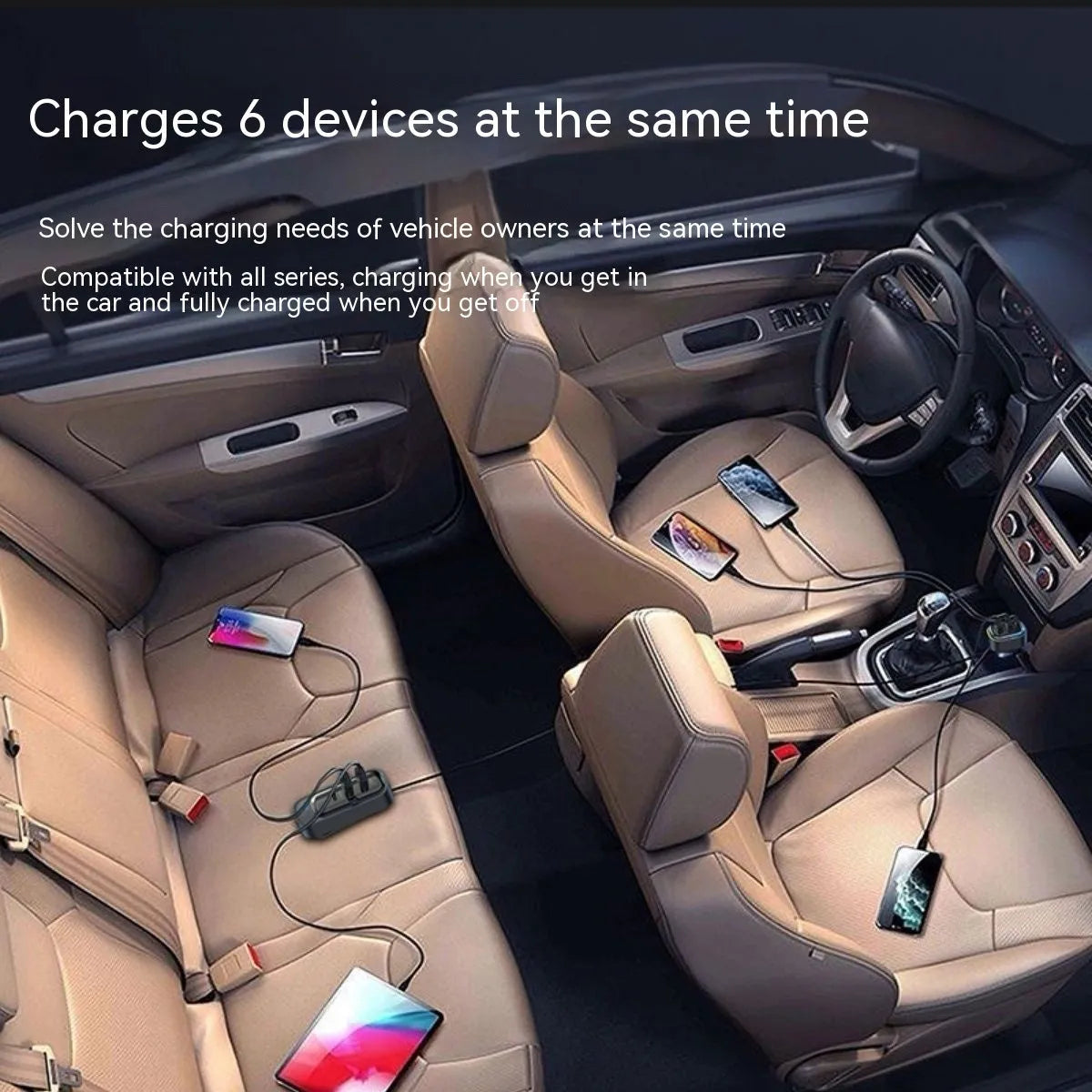 Automatic retractable car charger with extended headband showing four USB ports and cigarette lighter plug