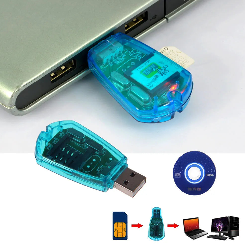 Blue USB 2.0 external SIM card reader for mobile phones with data backup and editing functions