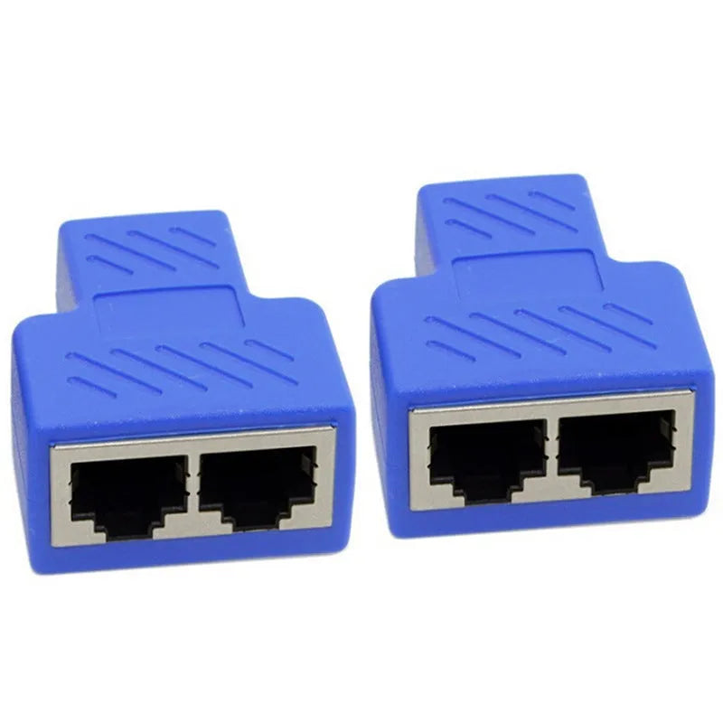 RJ45 network cable splitter in black, blue, red, white, or yellow with two units per set for Ethernet port sharing