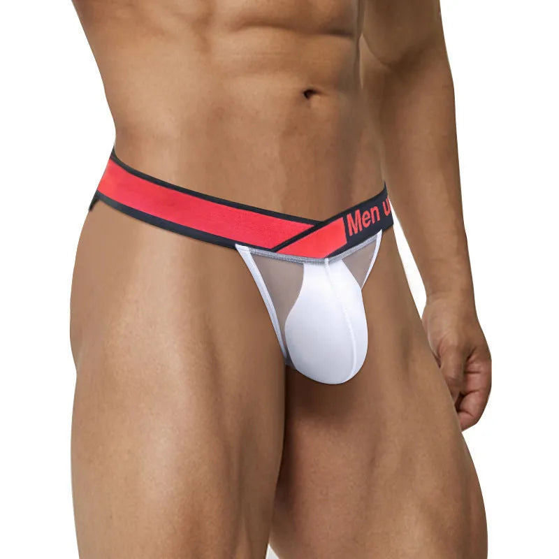 Men's nylon briefs with V gradient cut in red, black, or white colours showing low waist design